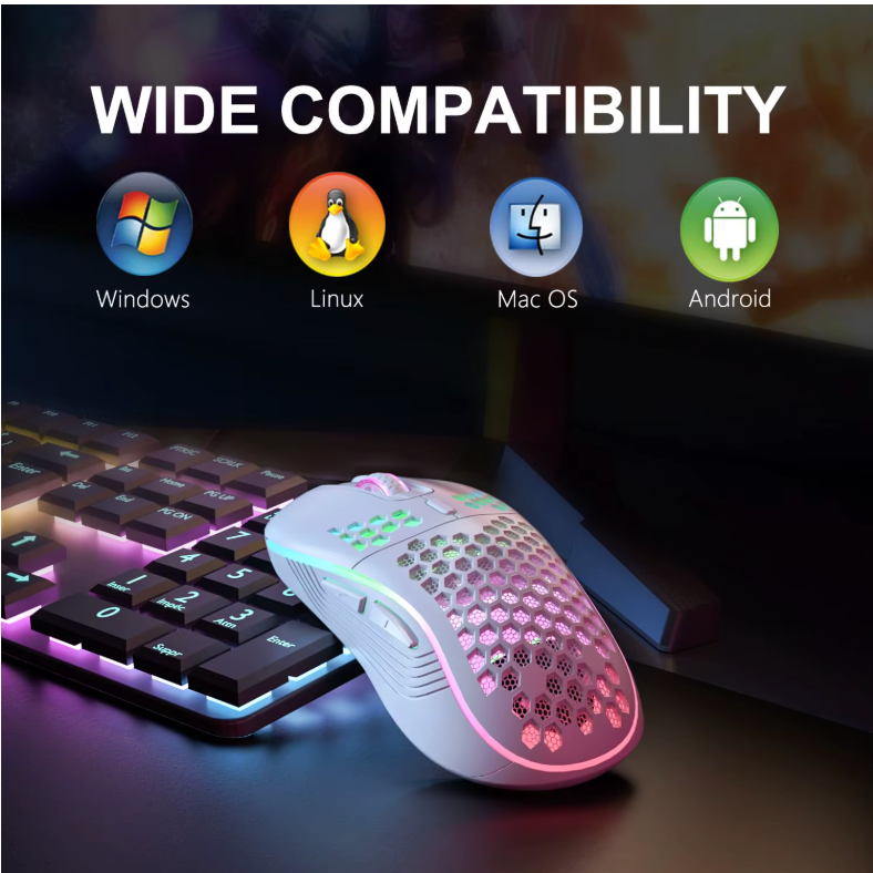 2.4G Wireless Mouse with RGB Backlit 6-button 3-speed DPI Type C Rechargeable Ergonomic Honeycomb Design Gaming Mouse