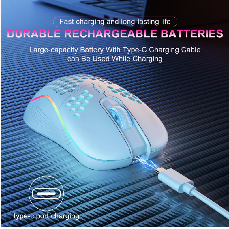 2.4G Wireless Mouse with RGB Backlit 6-button 3-speed DPI Type C Rechargeable Ergonomic Honeycomb Design Gaming Mouse