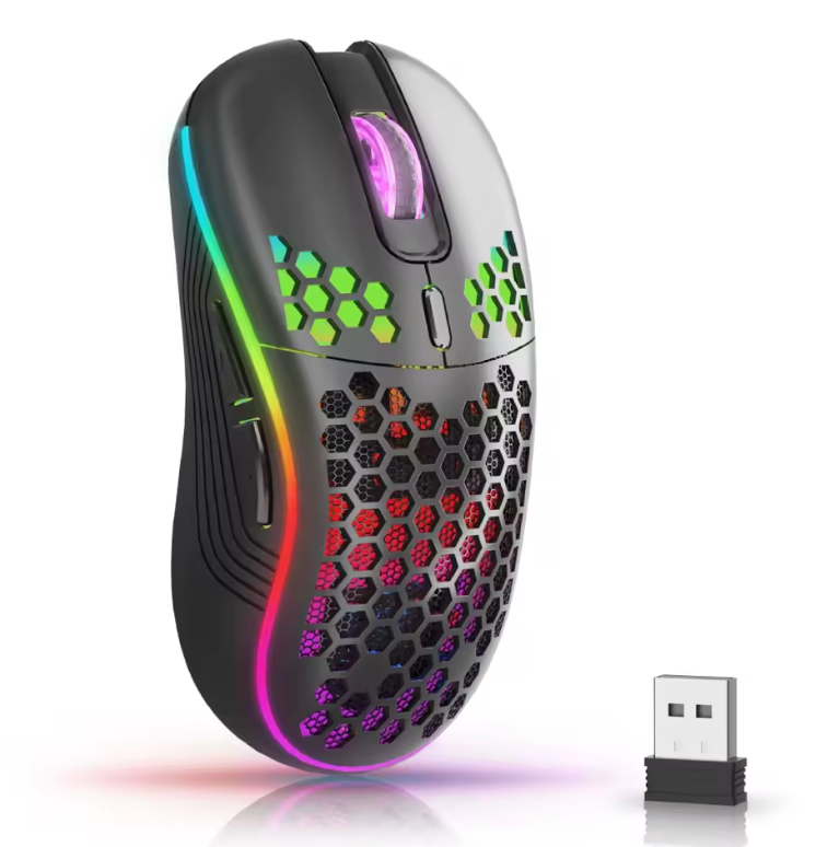 2.4G Wireless Mouse with RGB Backlit 6-button 3-speed DPI Type C Rechargeable Ergonomic Honeycomb Design Gaming Mouse