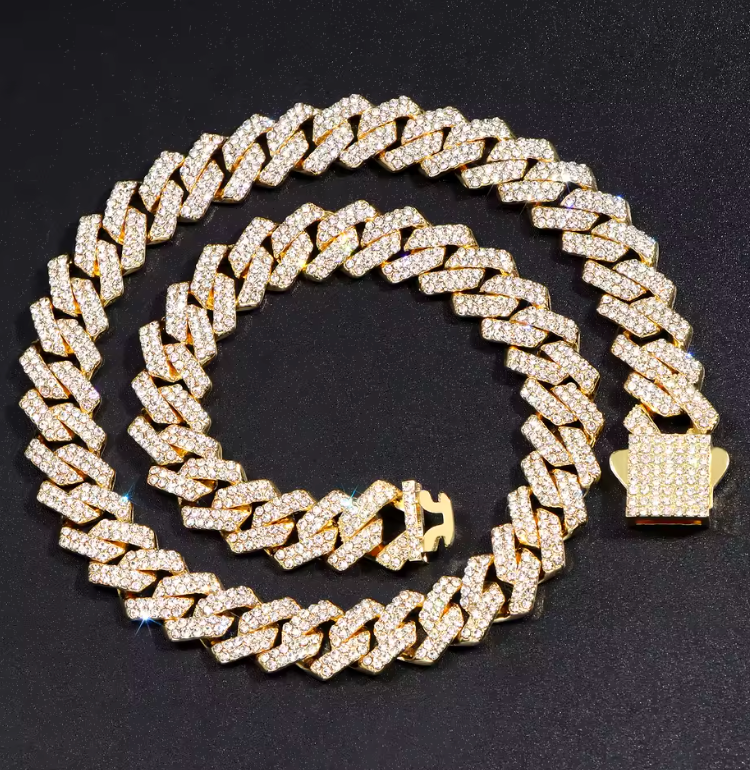 14mm Iced Out Prong Cuban Link Chain Necklace for Men Women 2 Row Rhinestone Paved Miami Rhombus Hip Hop
