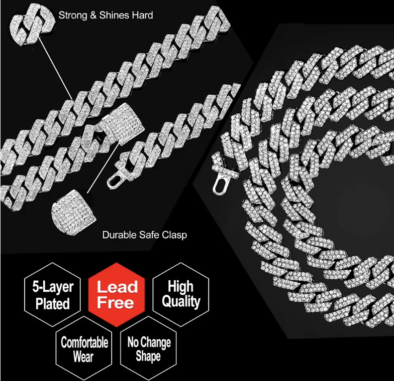 14mm Iced Out Prong Cuban Link Chain Necklace for Men Women 2 Row Rhinestone Paved Miami Rhombus Hip Hop